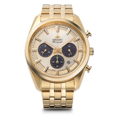 Orient RN-TX0301G Stretto Solar Chronograph Mens Watch Champagne Gold Japan