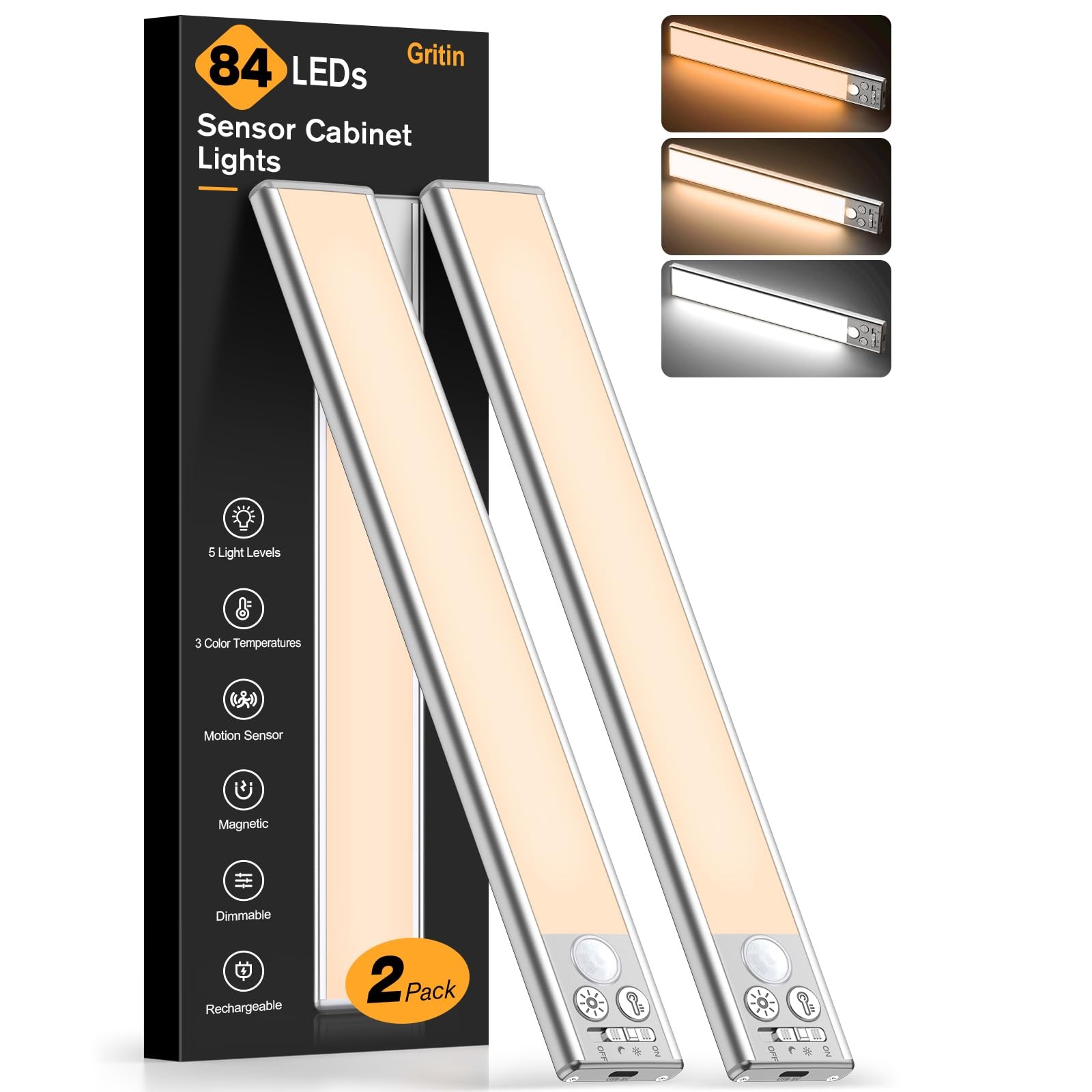 Gritin Luce Armadio 2 Pezzi 84 LED Ricaricabile: Illuminazione Sottopensile
