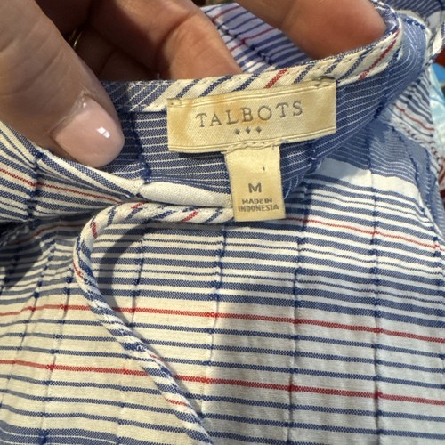 Top smanicato Talbots blu rosso bianco testurizzato a righe cravatta collo taglia M nappa - Foto 3 di 6