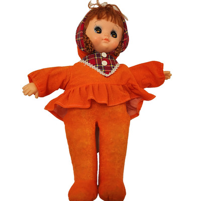 Vintage Redhead Doll in Plaid Hood Scarf Head Dress Orange 19 in Plastic Face