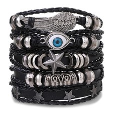 Men Women Black Braided Leather Bracelet Bangle Wrap Rope Wristband Set 5Pcs