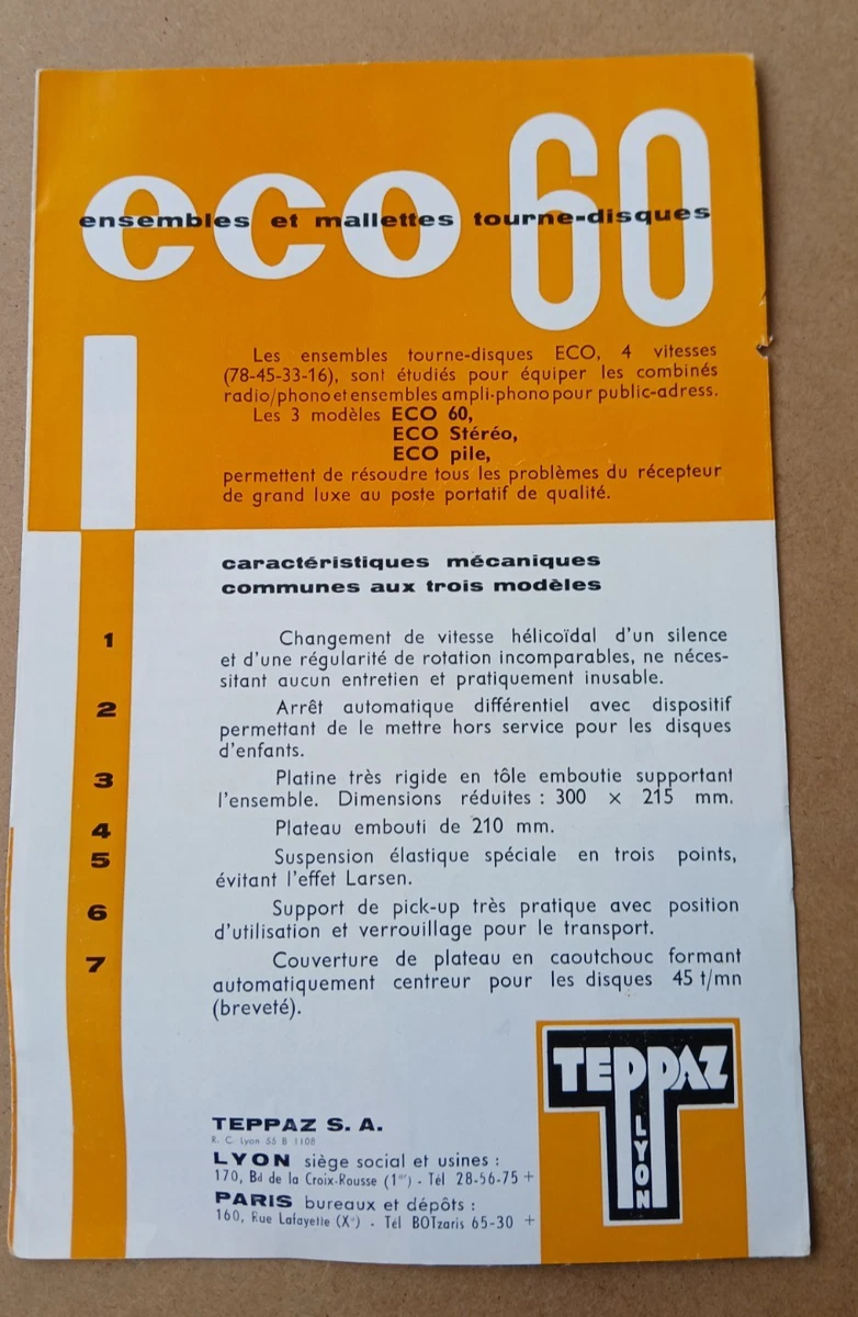 publicité information électrophone TEPPAZ ECO 60 stéréo tourne-disque vers 1960