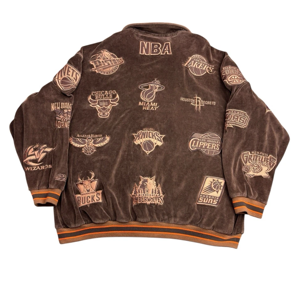 Vintage 90s NBA Velour Warm Up Jacket Mens 3XL Brown Embroidered Patch Hip Hop - Image 2 of 4