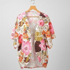 Medium to Extra Large Lightweight Tropical Cream Beach Cover-Up