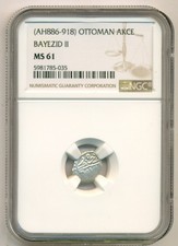 Ottoman Empire Bayezid II 1481-1512 Silver Akce MS61 NGC