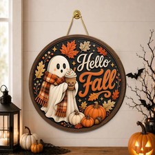 Hello Fall Ghost Wooden Sign, Autumn Pumpkin Porch Decor,Halloween Decor Outdoor