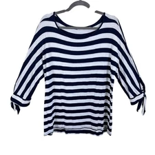 Soft Surroundings Adrift Nautical Navy White Striped 3/4 Sleeve Viscose Top Sz L