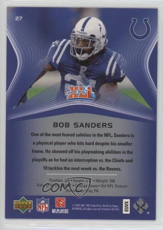 2007 Upper Deck Indianapolis Colts Super Bowl XLI Bob Sanders #27 - Image 2 of 2