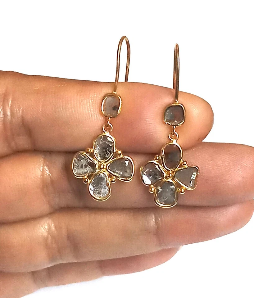 Slice Cut Polki Diamond Earring 925 Silver Hoop Earring Diamond Silver Earring - Image 2 of 4