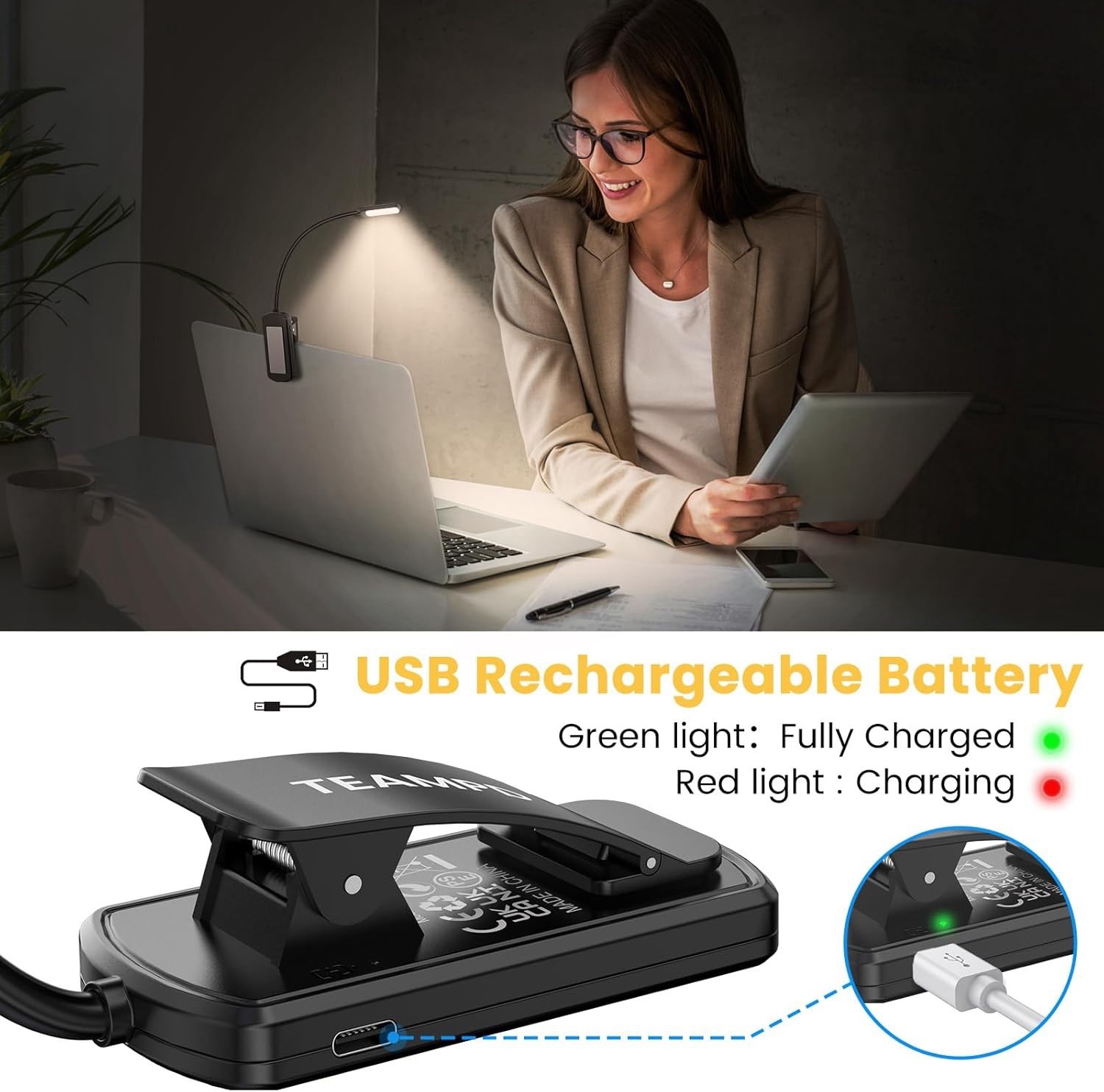 Lampe lecture USB TEAMPD 10 LED à intensité variable noir pour liseuse - 4