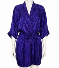 Vintage Delicates Purple Satin Floral Jacquard Kimono Robe One Size USA 80s 90s