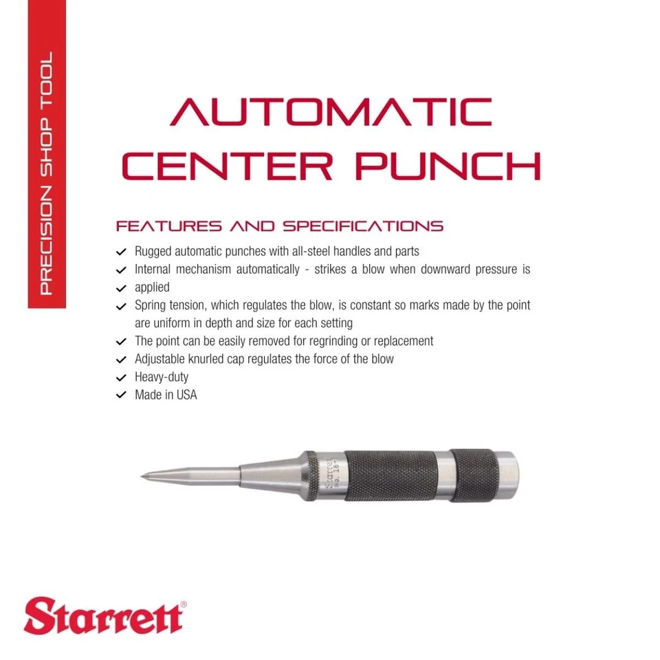 Punzón central automático de acero con carrera ajustable - 5-1/4" de longitud, 11/16" P... - Imagen 3 de 4