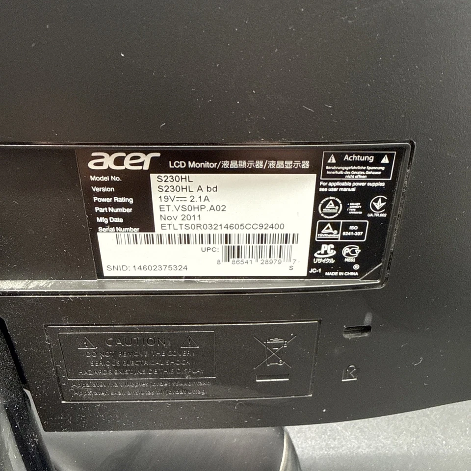 Acer S230HL 23” 1080p LED LCD Monitor - W/Stand-No Power Adapter - Image 4 of 4