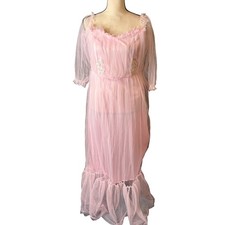 Pink Tulle Gown Maxi Dress Ruffled Sheer Off Shoulder Fairycore Elegant XL