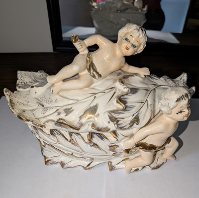 Ceramic Hand Painted Cherub Figurine Leaf Dish White Gold Glazed(No Music Box)