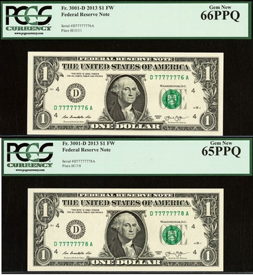 #ad 2013 $1 FRN PCGS 66PPQ Near Solid Serial Number 77777776 amp; 77777778 $400.00
