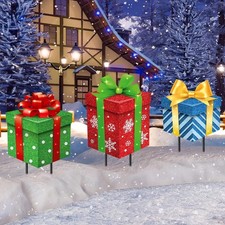 3Pack Metal Christmas Yard Signs with Stakes Gift Box Outdoor Lawn Decor