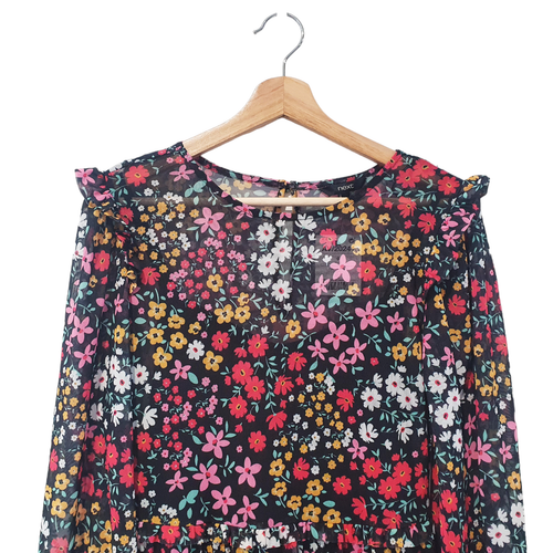 Next Size 6/XS Floral Stretch Mesh Long Sleeve Tiered Peasant Boho Midi Dress - Picture 2 of 10