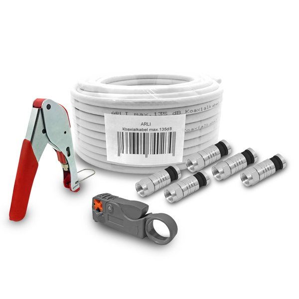 50M Sat Kabel 135Db + Kompressionszange + Abisoliermesser + 50X F Stecker Set-image