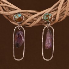 Rough Kingman Turquoise & Super Seven Dangle Earrings 925 Silver Jewelry Gift