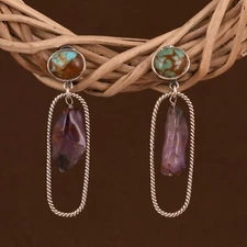 Rough Kingman Turquoise & Super Seven Dangle Earrings 925 Silver Jewelry Gift