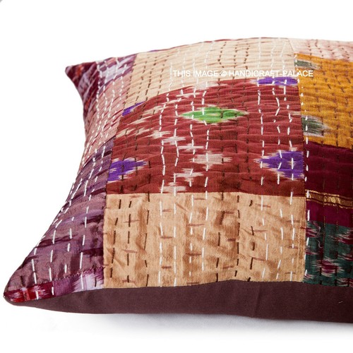 Indian Luxury Silk Patchwork Kantha Work Cushion Covers Handmade 16 x 16" Brown - Picture 3 of 4