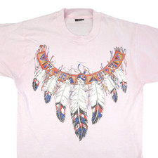 Vintage Native American T Shirt Mens Size Medium Pink 90s Feathers Made In USA