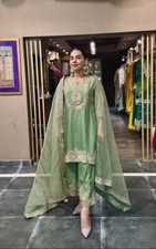 PISTA GREEN HEAVY CHINNON SILK FANCY PALAZZO SUIT WITH DUPATTA FOR PARTY