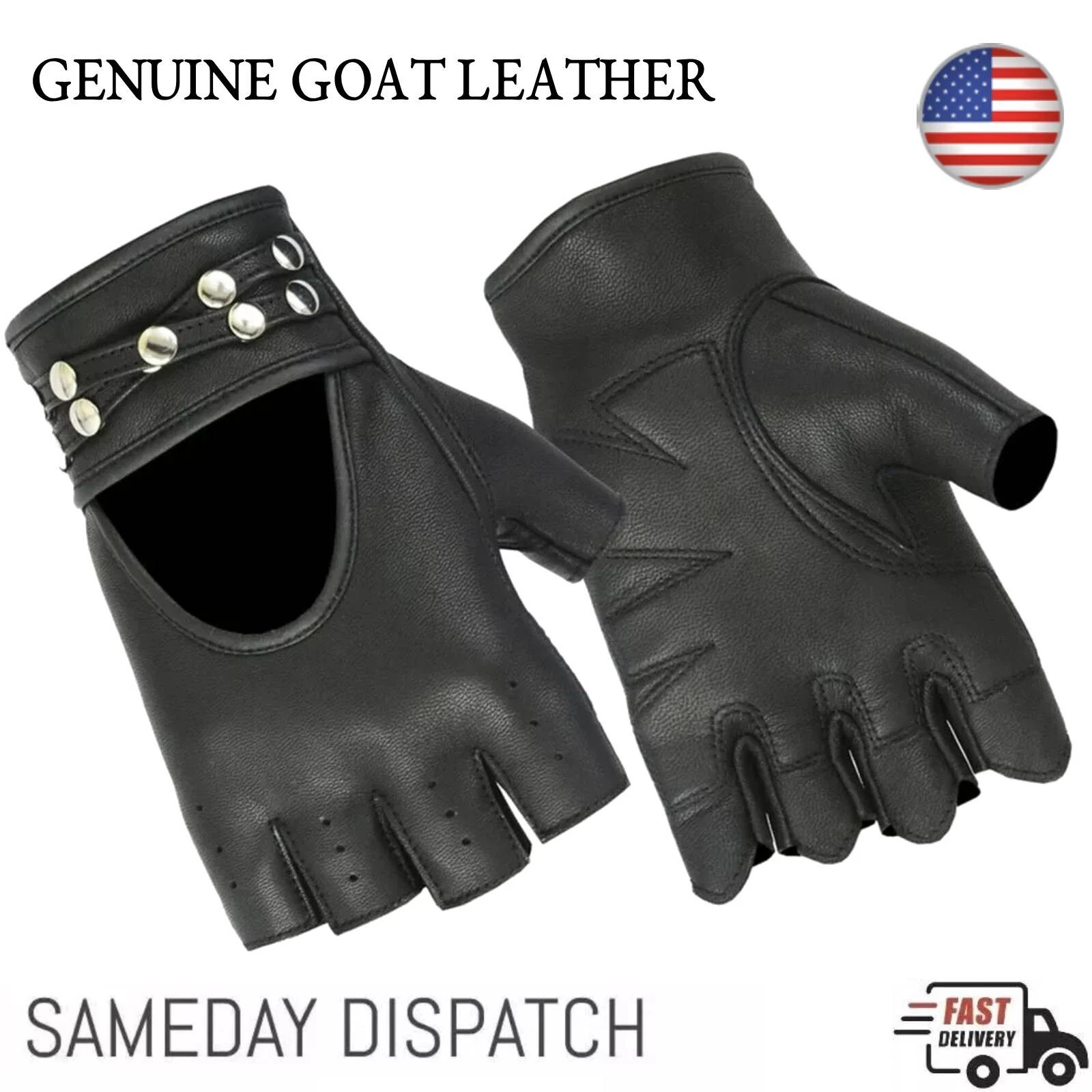 Men's Black Fingerless Goatskin Leather Motorcycle Biker Riding Gloves XS-3XL