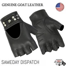 Men's Black Fingerless Goatskin Leather Motorcycle Biker Riding Gloves XS-3XL