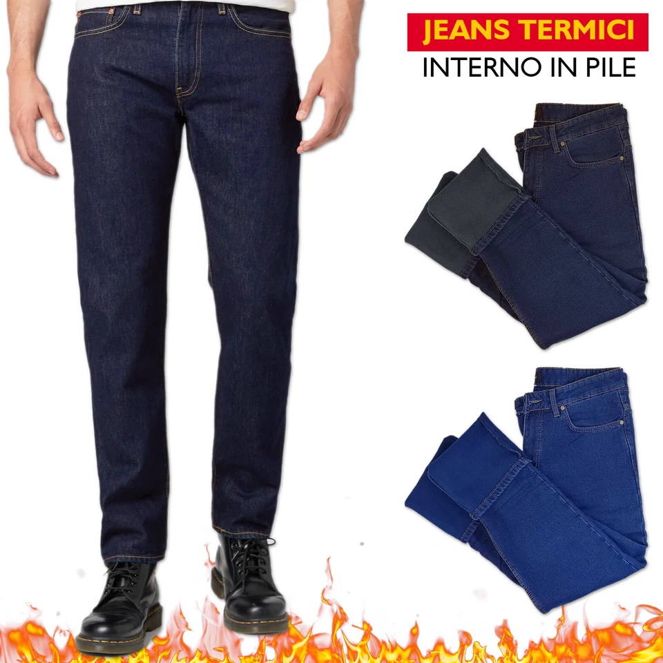 Jeans Uomo Imbottito In Pile Pantalone Comodo Felpato Invernale Termico VEQUE
