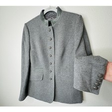 Loden Plankl Gray Tweed Jacket Suede Band Collar Silver Floral Buttons 44 / 14