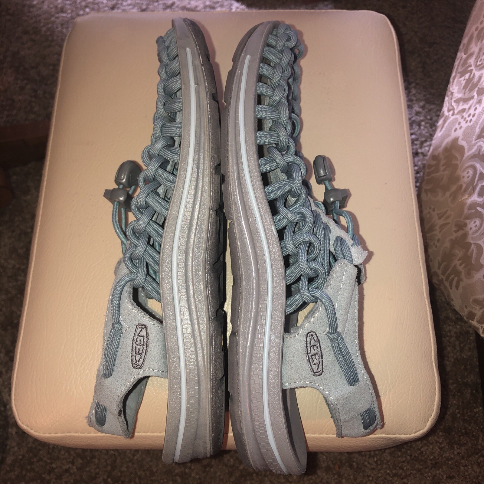 Keen Womens Uneek Sport Paracord Sandals Pale Blue & Gray Bungee Laces