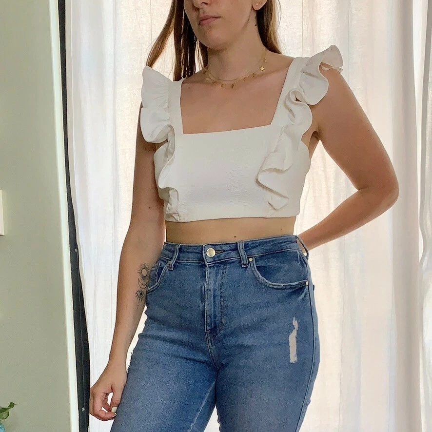 White frill top bardot crop top
