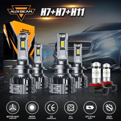 AUXBEAM H7+H7+H11 H8 LED Headlight Hi/Lo+Fog Lamp Combo 6 Bulbs Kit White Bright