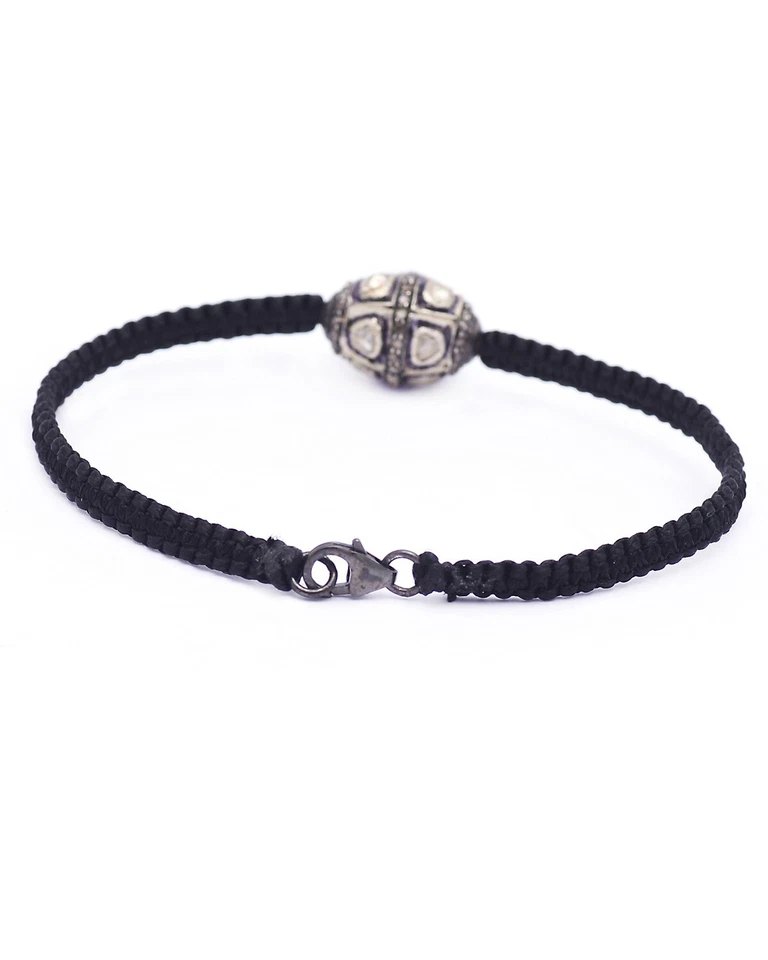 925 Sterling Silver & Diamond Black Macrame Thread Braide Bracelet For Gift - Image 2 of 4