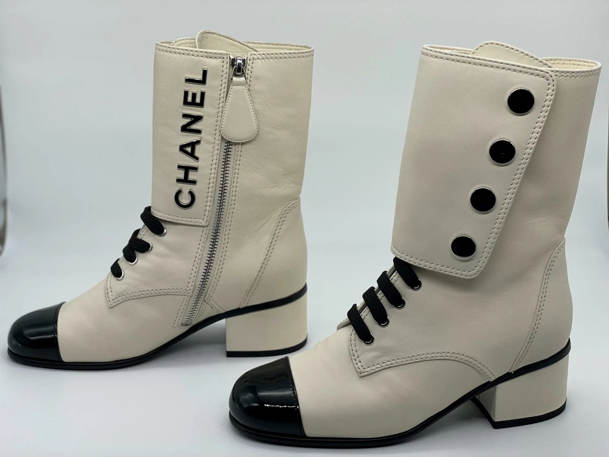 CHANEL 19B Two Tone Calfskin Leather Signature Logo Lace Up Booties Boots  $1950