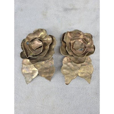 Vintage Brass Copper Rose Belt Buckle Pair Large Layered Floral Statement 5''