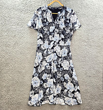 Jacqui E Womens A-line Midi Dress Size 12 Navy Blue White Floral Short Sleeve