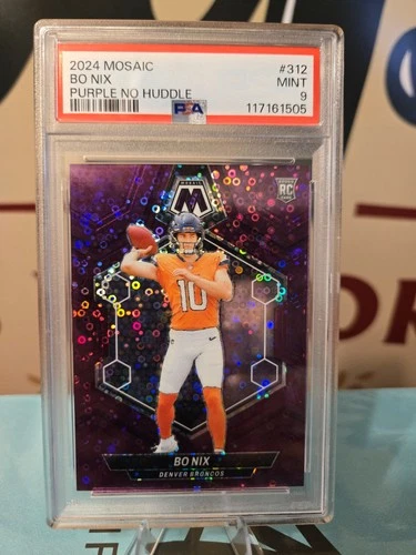 Bo Nix 2024 Mosaic #312 Purple No Huddle /50 PSA 9