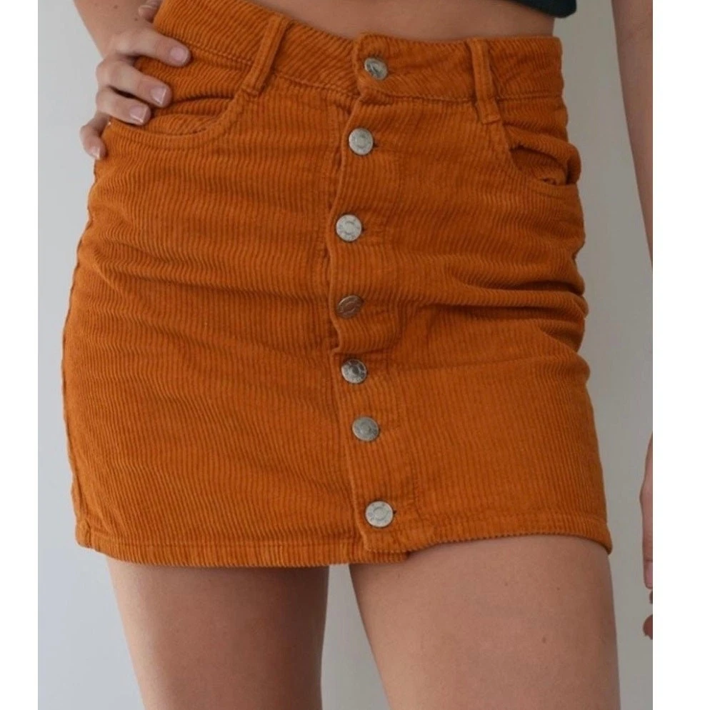 70s Retro Style Orange Corduroy Button Front Mini Skirt M