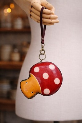 Mushroom Shape Leather Coin Pouch Wristlet Zipper Wallet