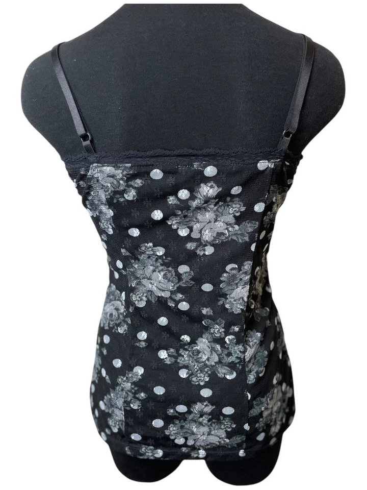 Vtg Y2K No Boundaries Babydoll Tank Top M 7/9 Lace Trim Mesh Floral Polka Dot - Image 2 of 4