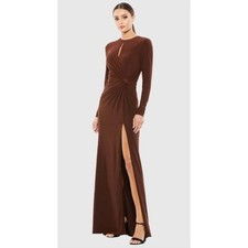 MAC DUGGAL Dress Size 2 Evening Gown NEW Chocolate Brown Long Sleeve Keyhole 