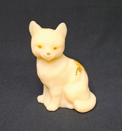 Vintage Fenton Custard Satin Glass Cat Figurine Hand Painted Floral Signed