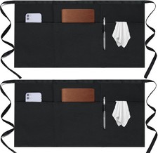 2 Pack Server Apron - Waist Half Aprons for Waitress with 3 Pockets, Black Short