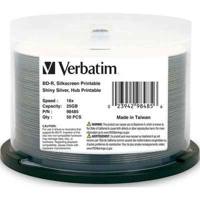 Verbatim BD-R 25GB 6X Shiny Silver Silk Screen/Hub Printable - 50pk Spindle