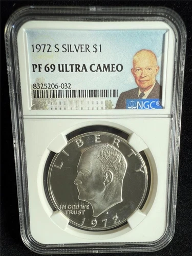 1972 S Eisenhower IKE LABEL SILVER $1 Dollar PF69 ULTRA CAMEO UCAM NGC SKU 3692