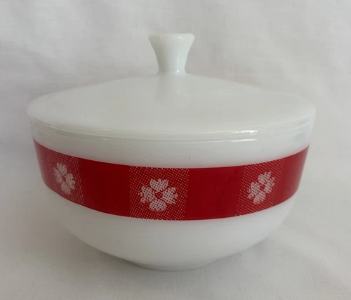Vintage Federal Glass Red Gingham Pattern 2 1/2 Qt Glass Casserole Bowl with Lid