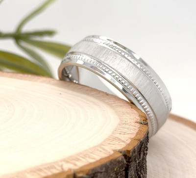 8mm Silver Titanium Engraved Band Brushed Polished Edges Ring For Christmas Gift